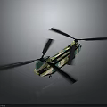Green Beige Helicopter with Black Rotating Propellers and Reflection on Dark Background 3d model