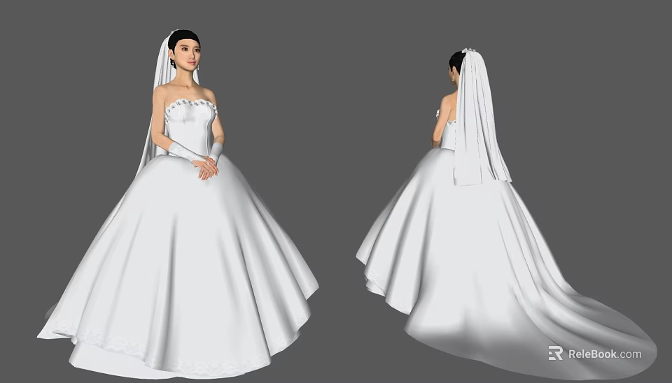 A Woman In White Strapless Wedding Dress With Long Veil Front And Back Views 3d model 