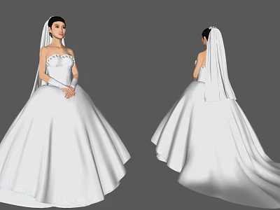 A Woman In White Strapless Wedding Dress With Long Veil Front And Back Views 3d model
