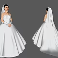 A Woman In White Strapless Wedding Dress With Long Veil Front And Back Views