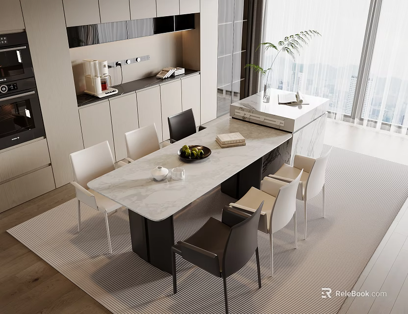 Sleek Modern Dining Table Set With White And Dark Chairs And Marble Tabletop 3d model 