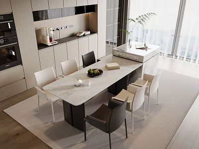 Sleek Modern Dining Table Set With White And Dark Chairs And Marble Tabletop 3d model