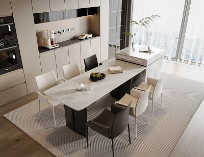 Sleek Modern Dining Table Set With White And Dark Chairs And Marble Tabletop 3d model