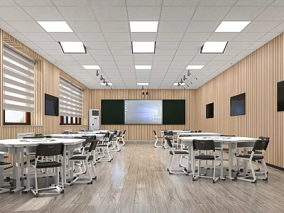 School Modern Classroom With Neat Desks Chairs Blackboard Projection Screen Wooden Walls And Ceiling Lights 3d model