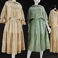 Vintage Women's Dresses With Long Sleeves Beige Green Lace Embroidery Design