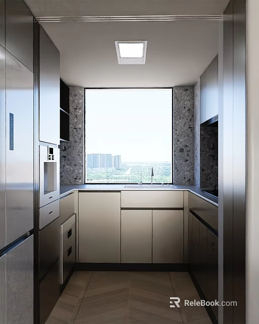 Modern Kitchen Interior With Large Window City View Stone Walls And Cabinets 3d model 