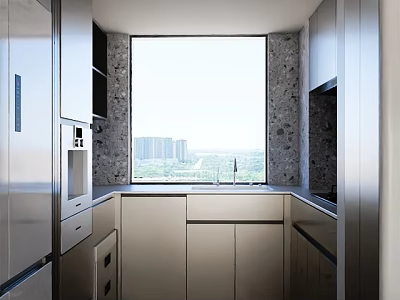 Modern Kitchen Interior With Large Window City View Stone Walls And Cabinets 3d model