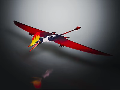 Flying Pterosaur With Red Wings Yellow Head And Reflection In Gray Background 3d model
