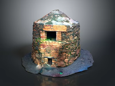 Round Stone Structure Featuring Small Window Door And Green Moss On Base 3d model