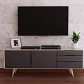 Modern TV Stand With Drawer Cabinet Holding Electronic Devices Photo Frame And Potted Plant