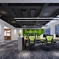 Modern Public Office Area Design With Green Chairs Computers Large Windows And Digital Center
