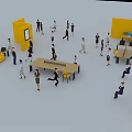 Many People In Busy Office Meeting Room With Yellow Chairs Tables