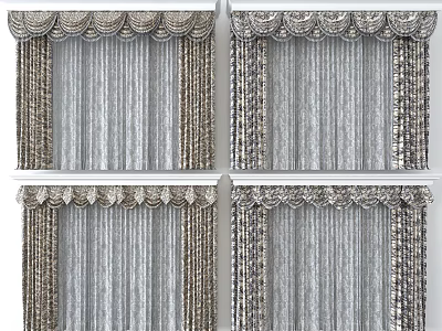 Modern Silver Curtains With Pleated Design Decorative Valance And Sheer Layers 3d model