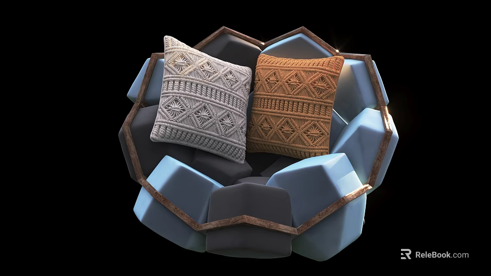 Gray Geometric and Brown Striped Pillows in Blue Gray Polygonal Basket With Brown Edge Trim 3d model 