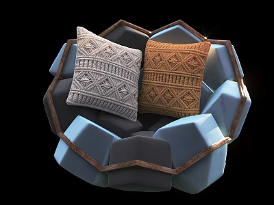 Gray Geometric and Brown Striped Pillows in Blue Gray Polygonal Basket With Brown Edge Trim 3d model