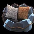 Gray Geometric and Brown Striped Pillows in Blue Gray Polygonal Basket With Brown Edge Trim
