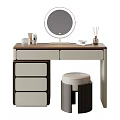 Modern Dressing Table With Round Mirror Stool Beige Drawers And Tabletop Decor 3d model