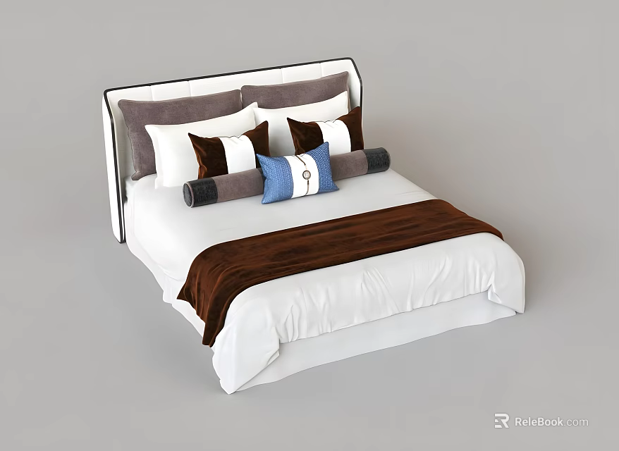 Modern Double Bed With White Bedding Brown Throw And Blue Cushion Pillows 3d model