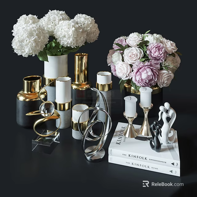 Elegant Decorative Ornament Set With White Pink Bouquets Gold Black Vases And Metal Candle Holders 3d model 