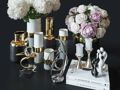Elegant Decorative Ornament Set With White Pink Bouquets Gold Black Vases And Metal Candle Holders 3d model