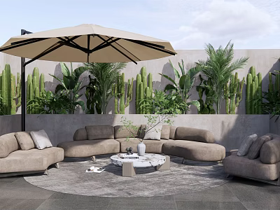 Comfortable Modern Outdoor Sofa Set With Umbrella Green Plants And Round Coffee Table 3d model