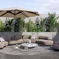 Comfortable Modern Outdoor Sofa Set With Umbrella Green Plants And Round Coffee Table
