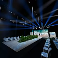 Stage With Blue Lighting Large Screen Seascape View Neatly Arranged White Chairs And Green Plants