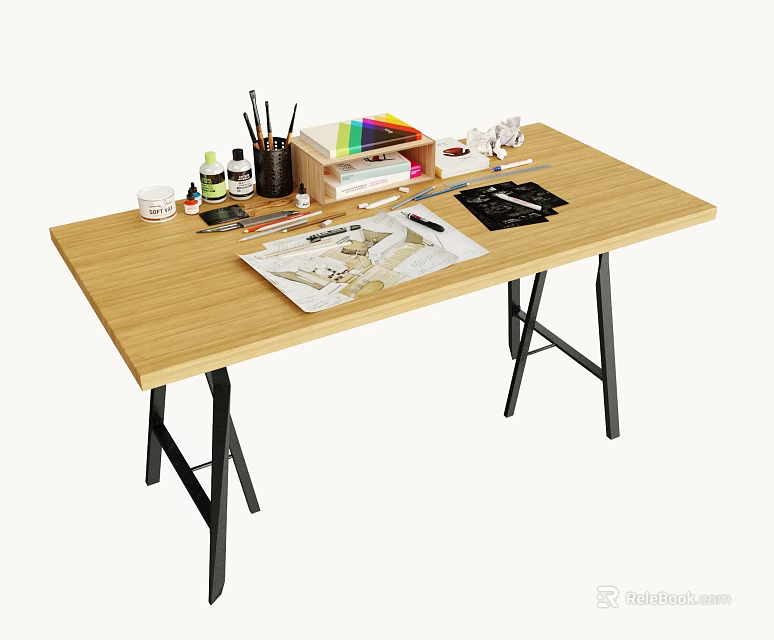 Wooden Art Desk With Stationery Notebook Pens Paint And Drawing Tools 3d model 