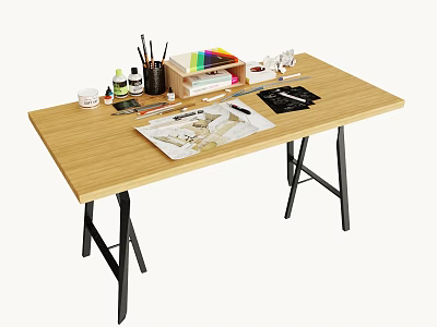 Wooden Art Desk With Stationery Notebook Pens Paint And Drawing Tools 3d model