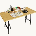Wooden Art Desk With Stationery Notebook Pens Paint And Drawing Tools