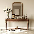 Elegant Wooden Console Table With Gold Mirror White Flowers Vase Decorative Bottles And Candlesticks