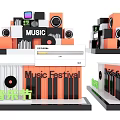Music Festival Stage with Orange Black Design Speakers Vinyl Records and Piano Keys