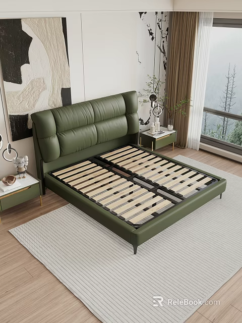 Green Leather Double Bed With Padded Headboard Wooden Slat Base Modern Bedroom 3d model 