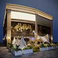 Modern Restaurant Interior Design With Decorative Ceiling Lights Bar Counter Menu Screens And Green Plants