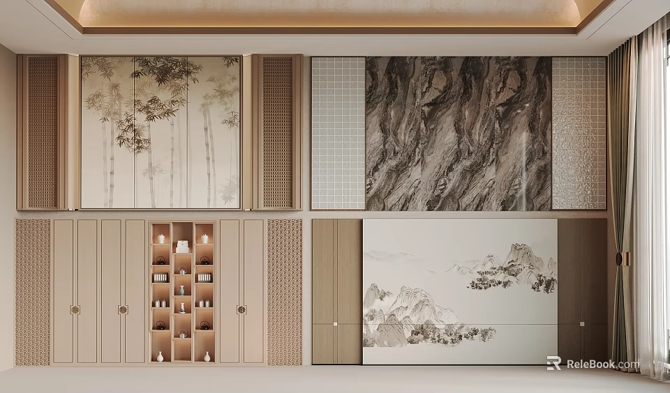 Traditional Chinese Sofa Background Wall With Landscape Bamboo Art 3d model