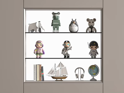Decorative Ornament Set with Dolls Animal Figurines Sailboat Model Globe and Books 3d model