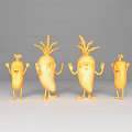 Four Cartoon Anthropomorphic Carrots With Eyes Arms Legs On Dark Background With Reflection