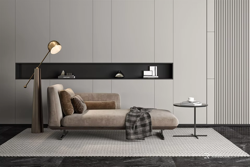 Modern Beige Chaise Lounge With Brown Cushions Plaid Blanket And Floor Lamp 3d model 