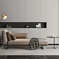 Modern Beige Chaise Lounge With Brown Cushions Plaid Blanket And Floor Lamp