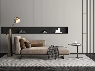 Modern Beige Chaise Lounge With Brown Cushions Plaid Blanket And Floor Lamp 3d model