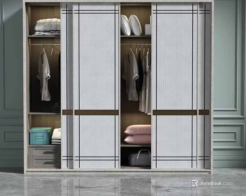 Modern Sliding Door Wardrobe Interior Design With Hanging Clothes Folded Garments Shoes And Storage Boxes 3d model 