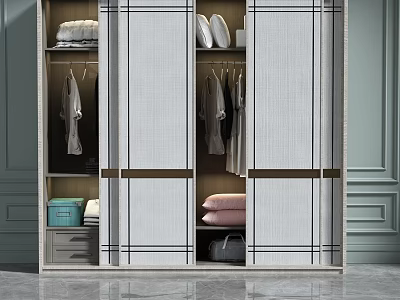Modern Sliding Door Wardrobe Interior Design With Hanging Clothes Folded Garments Shoes And Storage Boxes 3d model