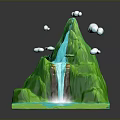 3D Green Mountain Landscape With Flowing Blue Waterfall And White Clouds