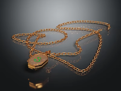 Elegant Golden Necklace With Hexagonal Green Stone Pendant And Chain Design 3d model