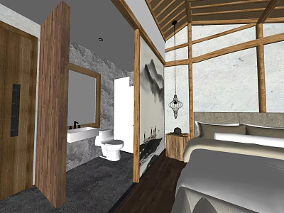 Hotel Guest Room Interior With Wooden Ceiling Beams Bathroom Sink Ink Painting Bed And Nightstand 3d model