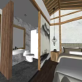 Hotel Guest Room Interior With Wooden Ceiling Beams Bathroom Sink Ink Painting Bed And Nightstand