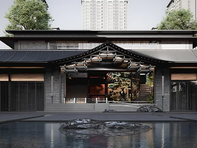 Traditional Storefront Featuring Black Tile Roof Wooden Decorations Pond Stones Green Trees And High Rise Background 3d model