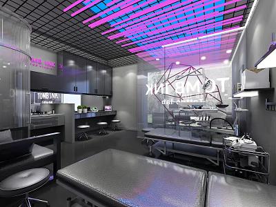 Modern Shopping Mall Store Interior With Colorful Ceiling Lights Brand Signage And Display Counters 3d model