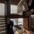 Modern Double Height Interior Design With Staircase Blue Sculpture Pendant Lights And Sofa Plant