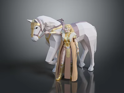 Low Poly Style Woman In Golden Beige Robe Standing Beside White Horse 3d model